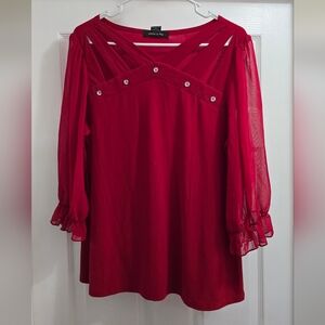 Chic Red Blouse with Sheer Sleeves